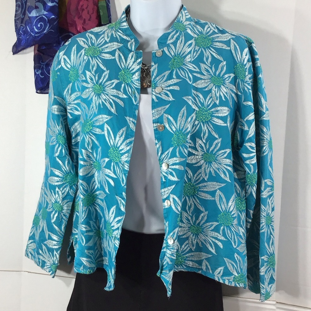 Chico's blue and green floral silk  button front top jacket